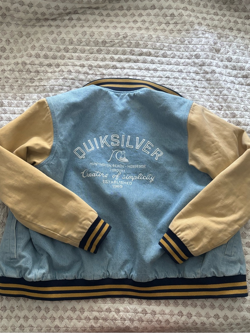 Surf Quiksilver Light Blue and Tan Varsity Bomber Jacket with Striped Trim